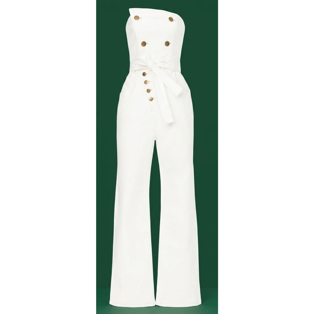 Marissa Webb Size 8 Strapless Denim Jumpsuit White w/ Copper Buttons